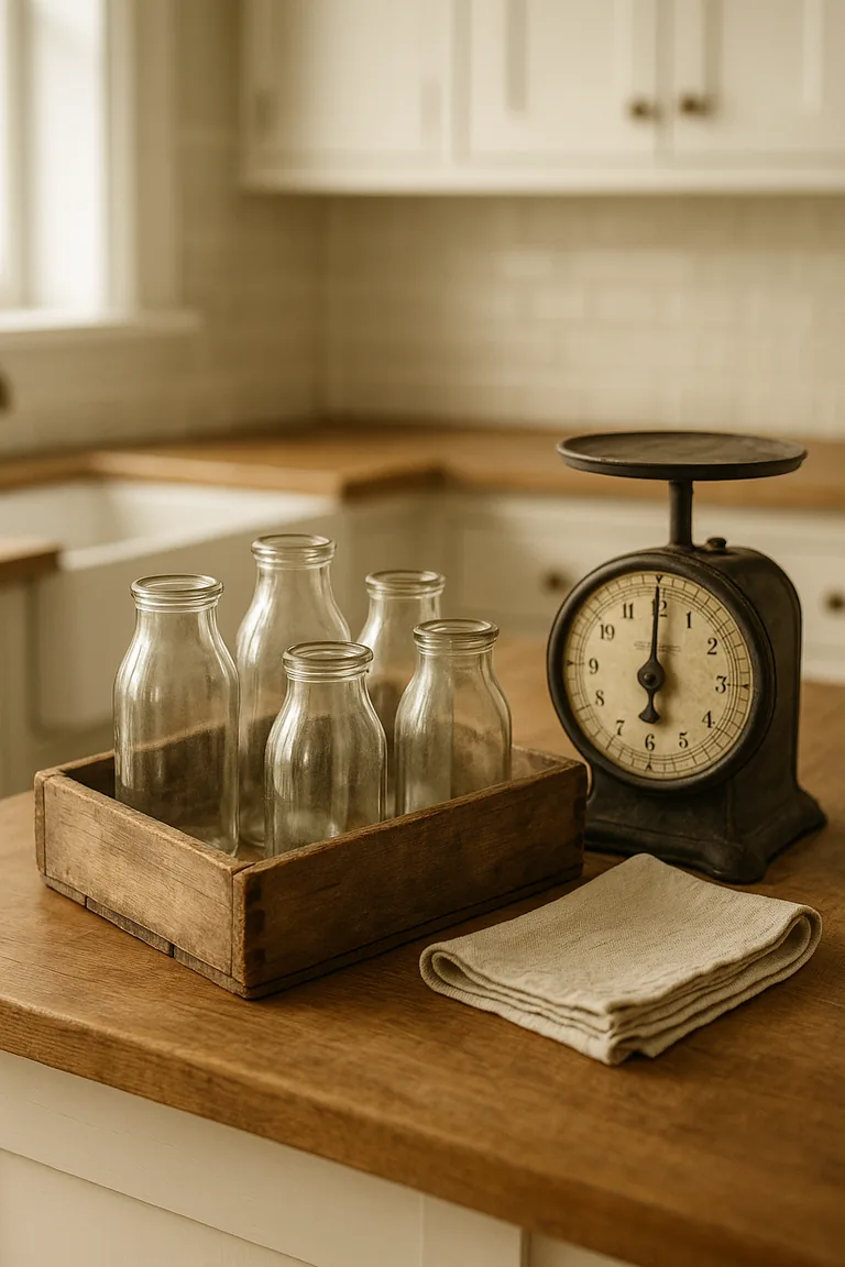 Vintage glass milk bottles, an antique cast-iron kitchen scale and a weathered wooden crate styled on a wooden countertop, with white shaker cabinets softly blurred behind.