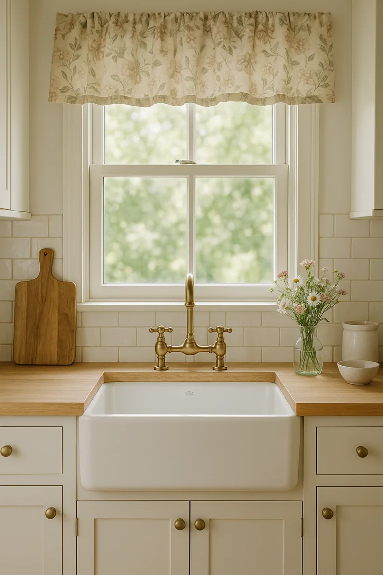 A white apron-front farmhouse sink under a window with a brushed brass vintage-style bridge tap, a floral valance, and light worktops with off-white shaker cabinets.