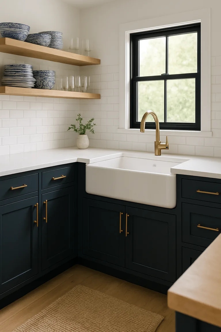 A farmhouse kitchen with navy shaker cabinets, brass handles, white countertops, white subway tile backsplash, an apron-front sink under a black-framed window, and open shelves holding blue-and-white patterned dishes.