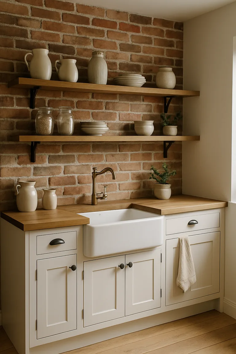 Farmhouse kitchen with an exposed red brick feature wall, rustic oak open shelves, white shaker cabinets, a butcher-block worktop, and a white farmhouse sink with a brass tap.
