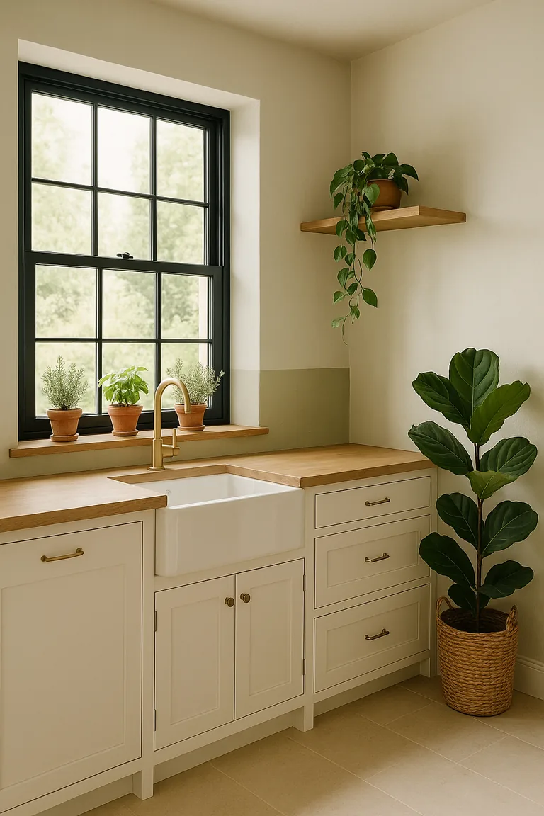 Farmhouse kitchen corner with a white farmhouse sink under a black-framed window, herb pots on the sill, a trailing vine on an open shelf, and a fiddle leaf fig in a basket on the floor.