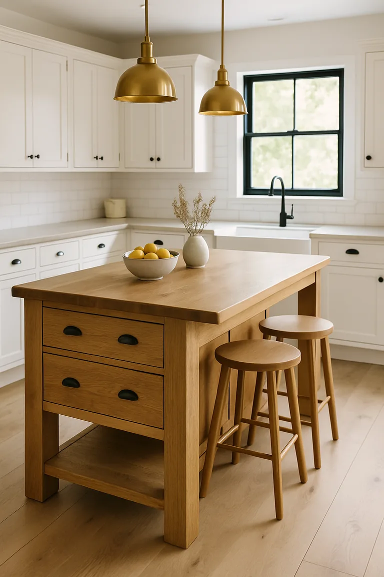 A bright farmhouse kitchen with a chunky oak island featuring drawers and open shelving, with two wooden bar stools under an overhang, white shaker cabinets, subway tile splashback, and brass pendant lights.
