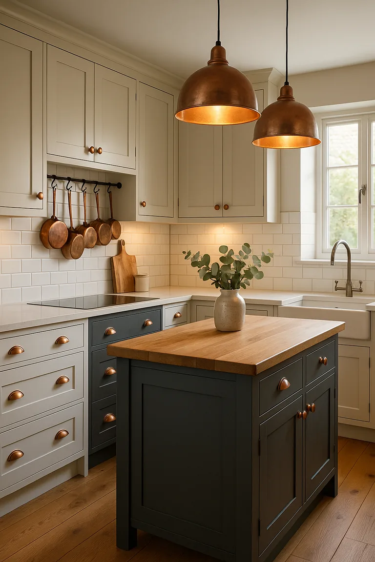 Farmhouse kitchen with off-white and charcoal Shaker cabinets, white worktops and subway tiles, copper pots on a rail, copper cabinet hardware, and copper pendant lights over a wood-topped island.