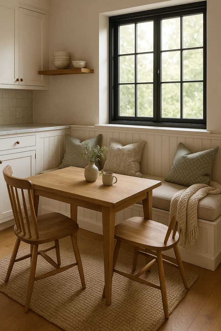 L-shaped built-in white bench with patterned cushions and a cream knit throw around an oak farmhouse table, with spindle-back chairs, jute rug, and a black-framed window in a bright kitchen corner.
