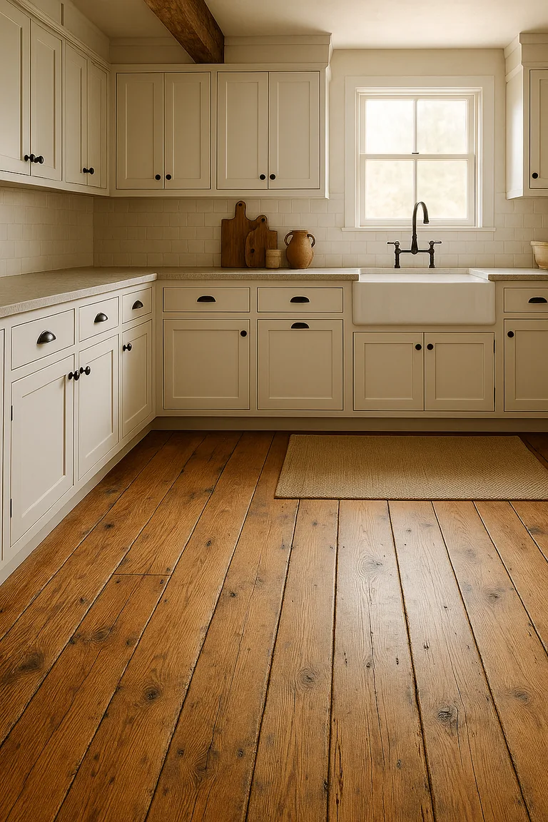 Low-angle view of a farmhouse kitchen highlighting distressed wide-plank wood flooring, white shaker cabinets, a farmhouse sink, and warm daylight from a window.