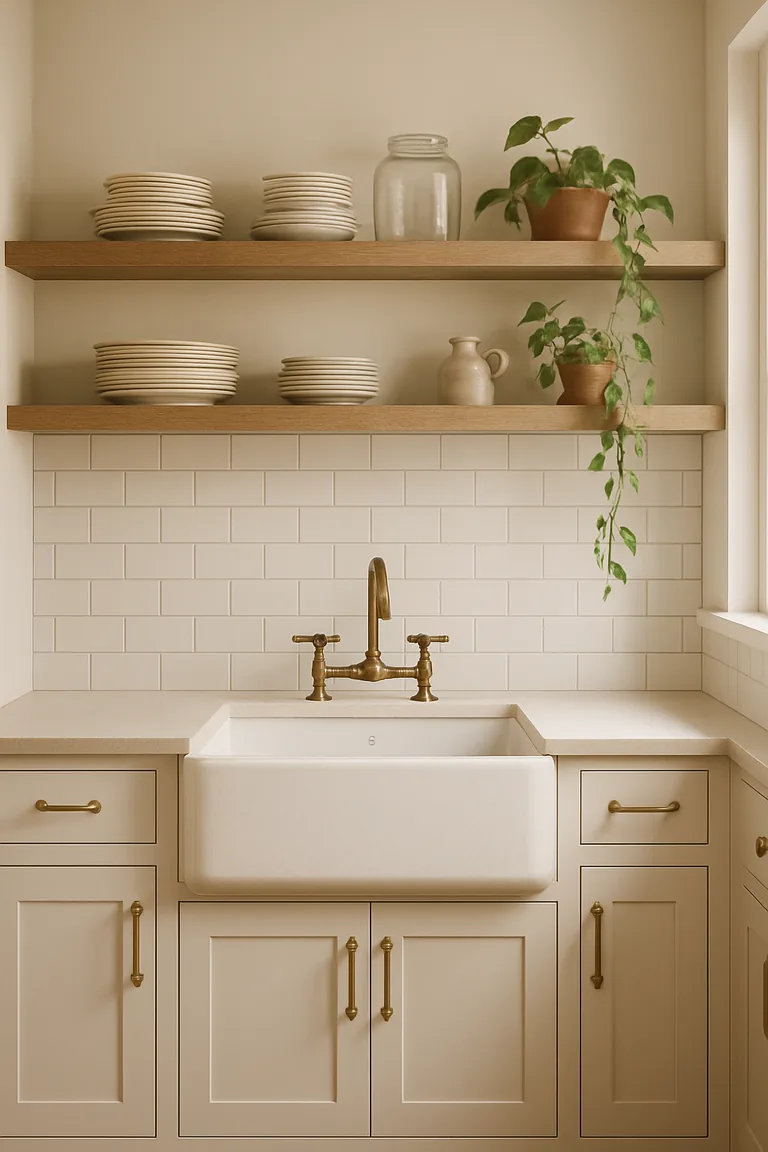 A farmhouse kitchen wall with white base cabinets, an apron-front sink, two open oak shelves holding vintage dishes and glass jars, and a small pot of trailing greenery above a subway tile backsplash.