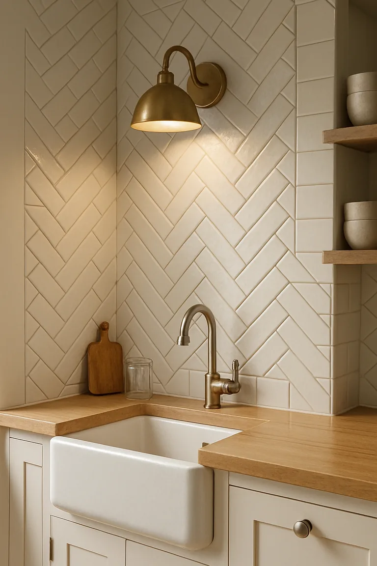 Close-up of a farmhouse kitchen corner with a white herringbone subway-tile backsplash, pale oak worktop, white shaker cabinet, farmhouse sink, and brushed nickel tap under warm sconce lighting.