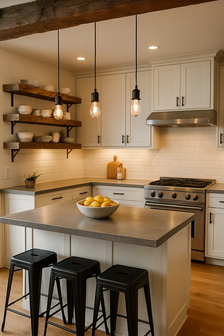 Industrial farmhouse kitchen with a concrete-topped island, three black metal stools, warm white cabinets, rustic wood shelving, and exposed-bulb pendant lights.