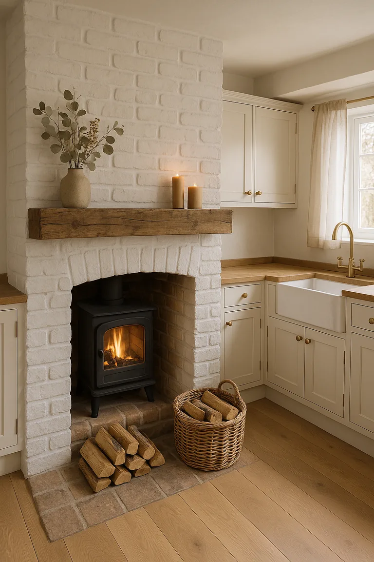 A farmhouse kitchen with a whitewashed brick fireplace, reclaimed oak mantel, neutral decor, off-white shaker cabinets, and light oak flooring in soft natural light.