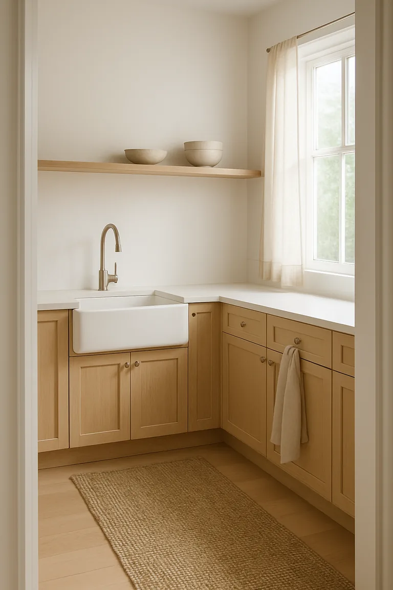 A bright minimalist farmhouse kitchen with white walls, pale oak shaker cabinets, white worktops, an apron-front sink, open shelves with neutral ceramics, linen tea towels, and a woven runner rug lit by soft daylight from a window.