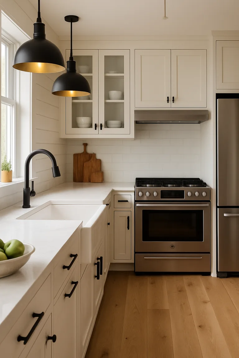 L-shaped modern farmhouse kitchen with white shiplap walls, white quartz worktops, warm white shaker cabinets, matte black hardware and tap, stainless steel appliances, glass-front cupboards, and light oak flooring.
