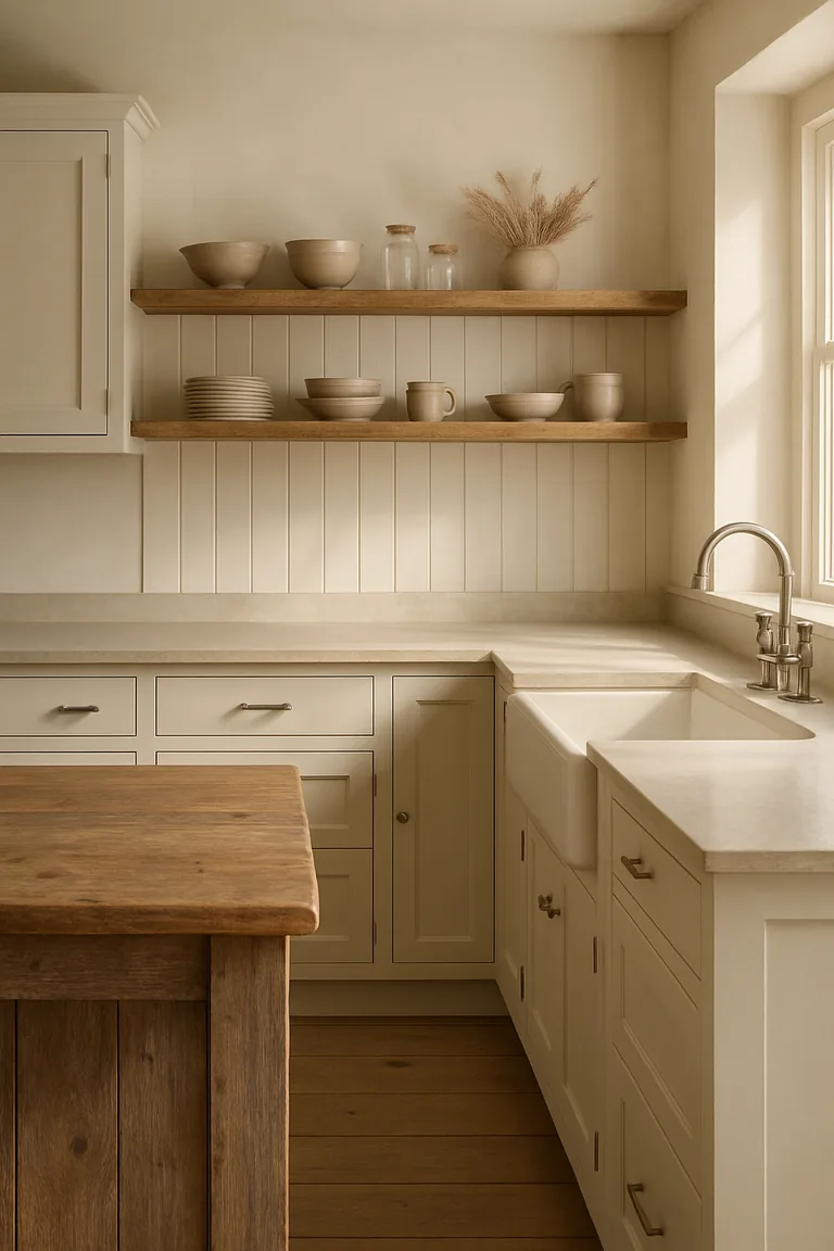 A photorealistic farmhouse kitchen with reclaimed wood floating shelves, a weathered wood island, white cabinets, planked wall panelling, and warm daylight from a side window.