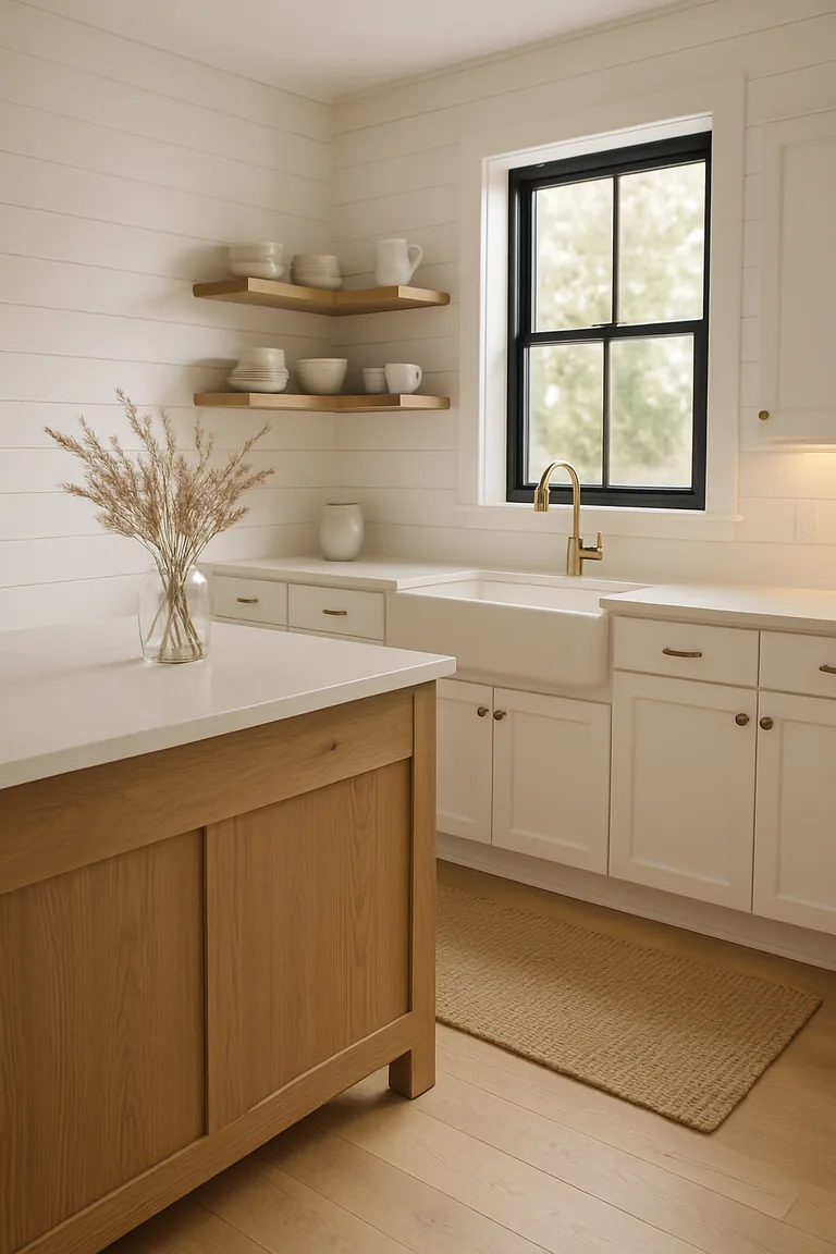 A bright farmhouse kitchen with white horizontal shiplap walls, a natural oak island with a pale worktop, white shaker cabinets, an apron-front sink beneath a black-framed window, and open shelves with simple ceramics.