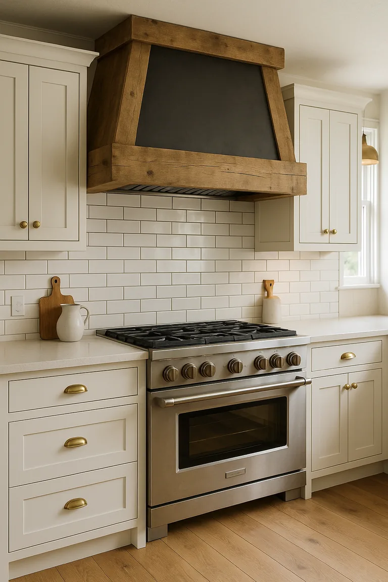 A farmhouse kitchen with a chunky reclaimed oak and dark metal range hood above a stainless steel cooker, off-white shaker cabinets, white subway tile, and pale quartz worktops.