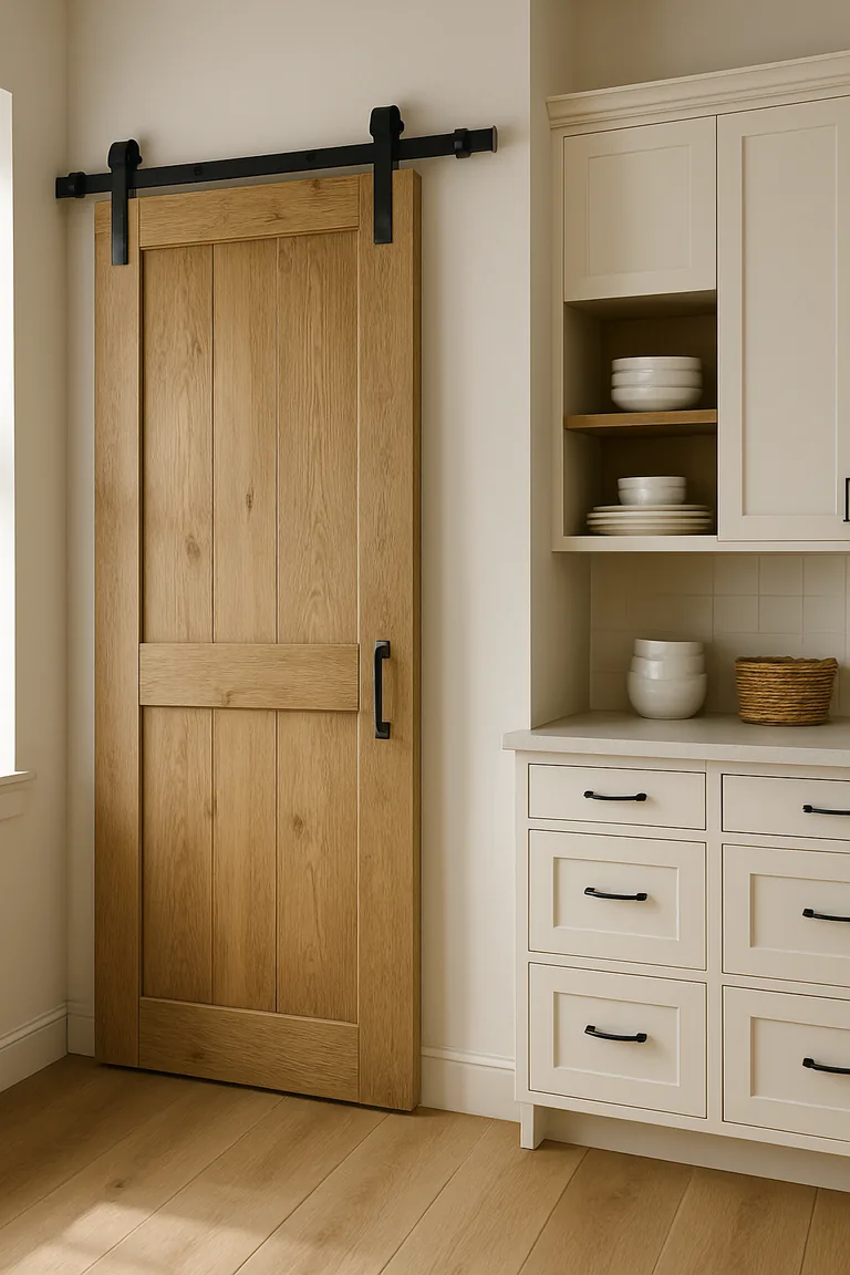 A closed light oak sliding barn door on black metal rails beside warm white shaker cabinets, with a pale stone worktop, open shelves holding white ceramics, and light wood flooring.