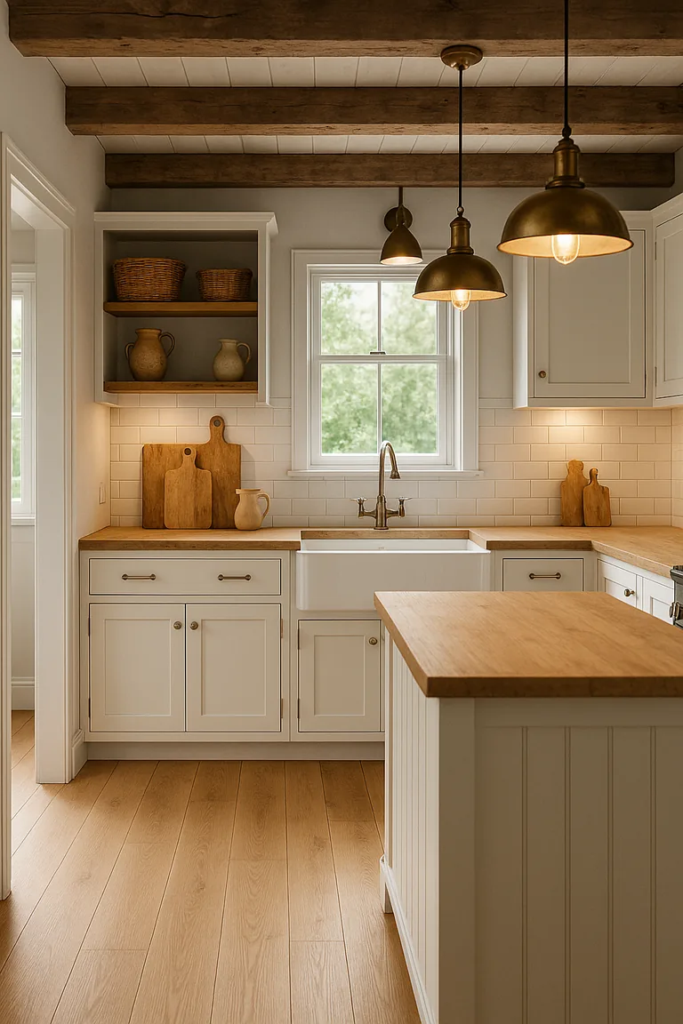 Bright farmhouse kitchen with white shaker cabinets, white subway tile backsplash, an apron-front sink under a window, pale oak worktops, rustic ceiling beams, beadboard island, brass pendant lights, and wicker baskets on open shelves.