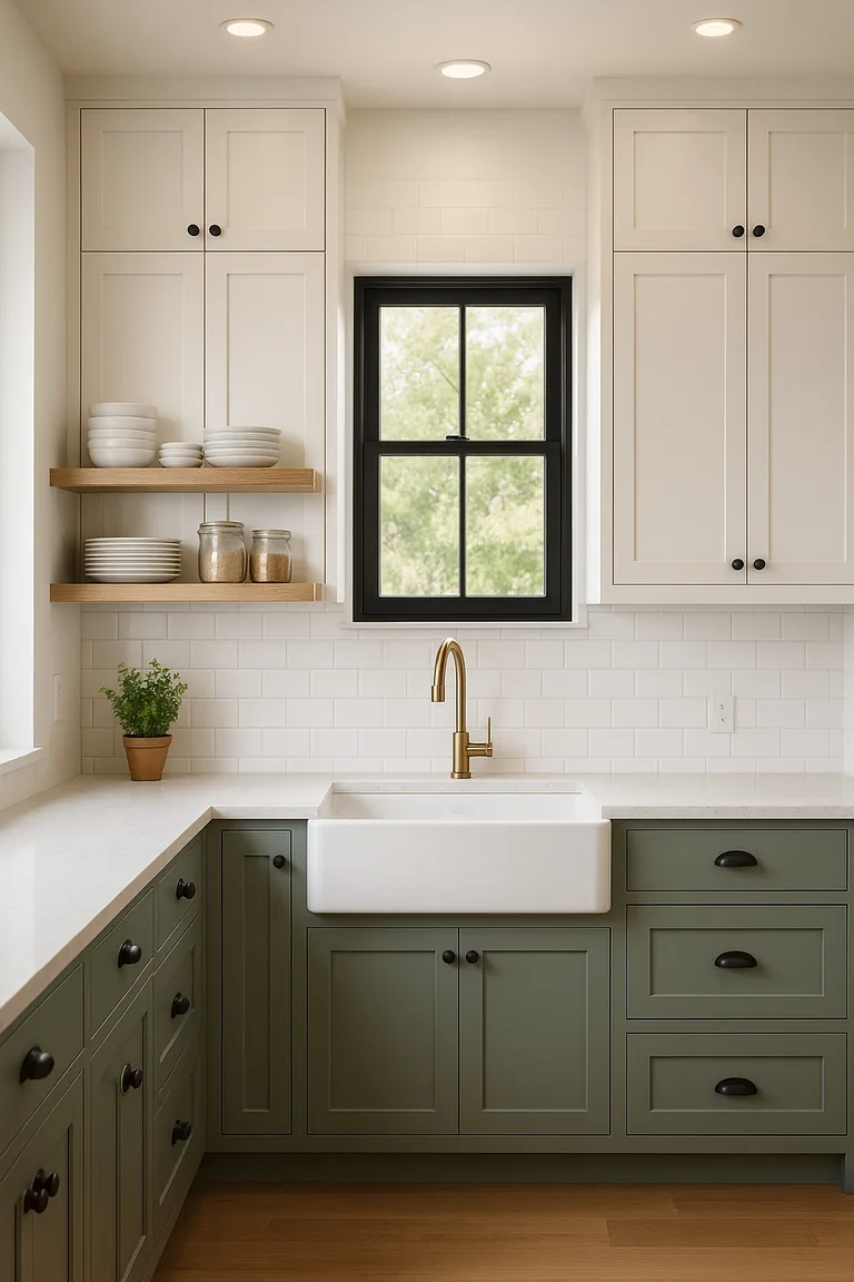 Farmhouse kitchen with white upper cabinets, sage green lower cabinets, matte black hardware, a white worktop, subway tile splashback, and an apron-front sink beneath a black-framed window.