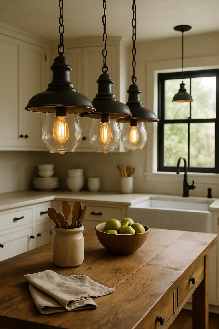 Three weathered black metal pendant lights with clear glass shades and glowing Edison-style bulbs above a reclaimed oak kitchen island, with white shaker cabinets and a farmhouse sink in the background.
