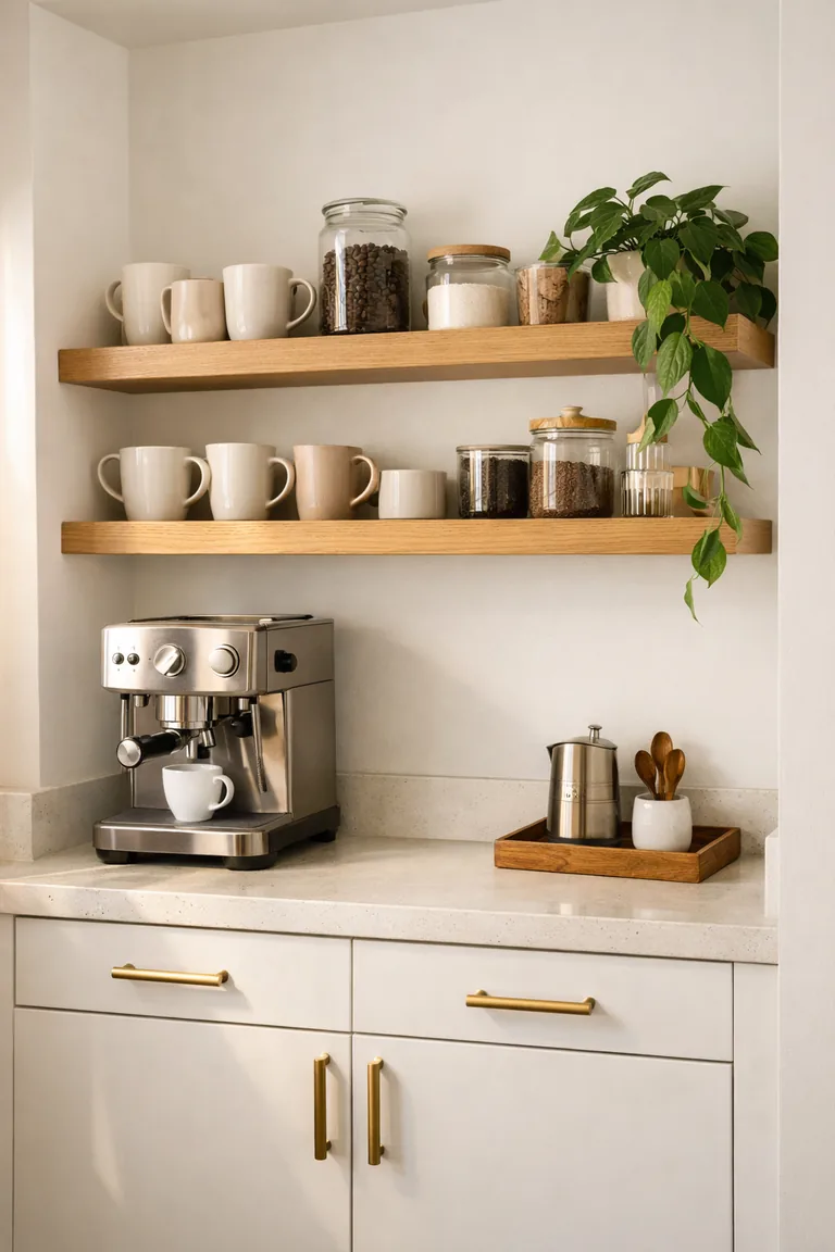 Built-in coffee bar niche with two oak floating shelves, ceramic mugs, glass canisters, a trailing pothos plant, a quartz countertop, matte white cabinets, and a stainless espresso machine in soft daylight.