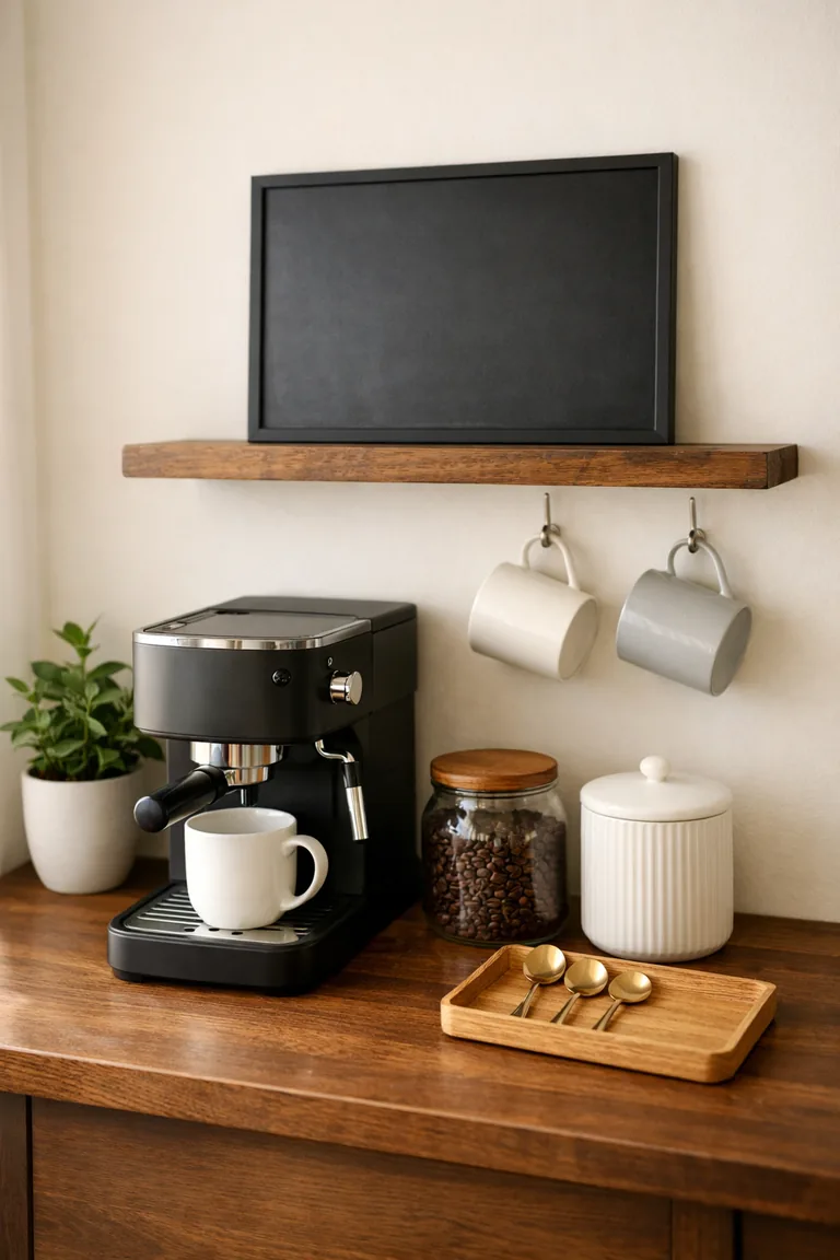 A home coffee bar with a blank black-framed chalkboard on a floating wood shelf above a walnut countertop with a matte black espresso machine, white mug, glass coffee bean jar, white canister, oak tray with gold spoons, small potted plant, and two hanging mugs in soft natural light.
