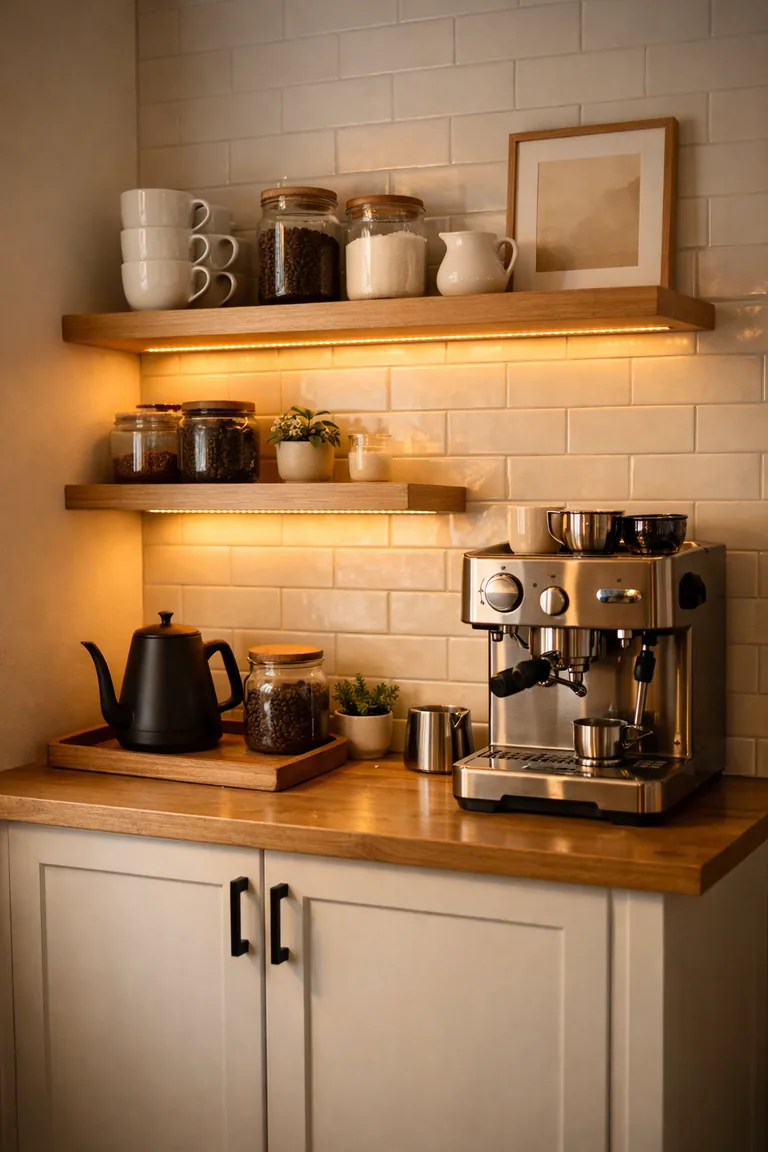 A home coffee bar with a white cabinet and oak countertop, two oak floating shelves lit by warm LED strips, and an espresso machine with neatly arranged mugs and jars.