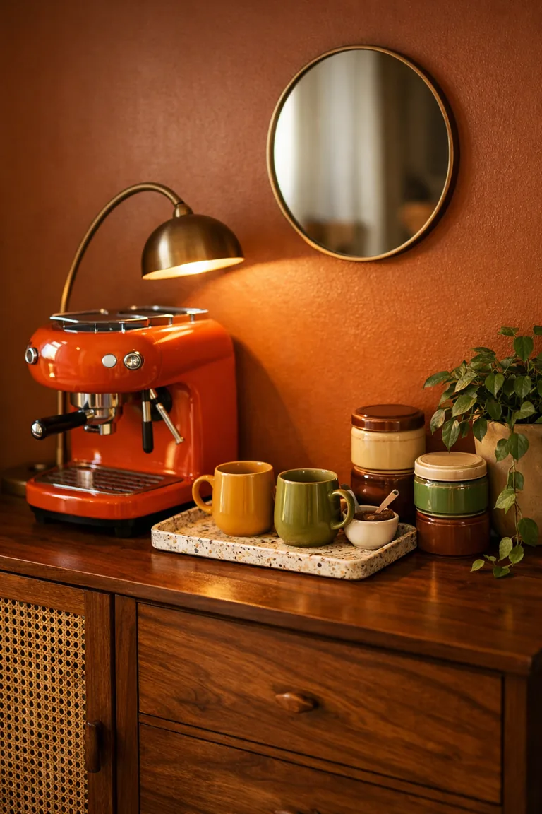 A walnut coffee bar against a terracotta wall with an orange espresso machine, terrazzo tray with mustard and green mugs, rattan detail, brass lamp, small round brass-framed mirror, and a trailing plant.