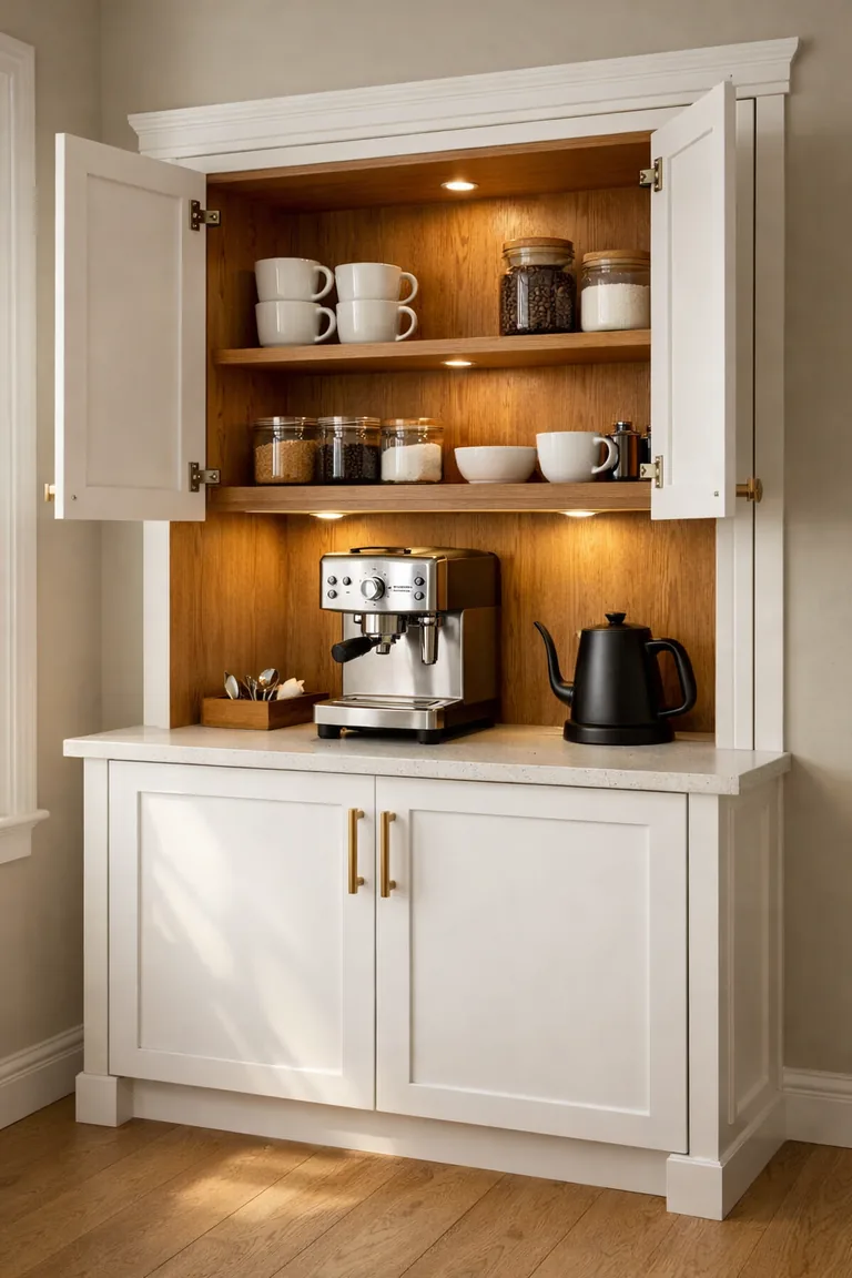 A white shaker coffee bar cabinet with open doors shows oak shelves holding mugs and glass jars above a quartz counter with an espresso machine, black kettle, and small tray.