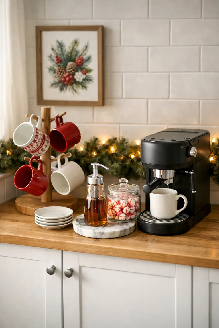 A holiday-styled home coffee bar on a white cabinet with a wood counter, featuring an evergreen garland with warm string lights, red-and-white mugs on a wooden mug tree, a marble tray with a glass syrup bottle, a jar of peppermint candies, white saucers, and a matte black espresso machine.