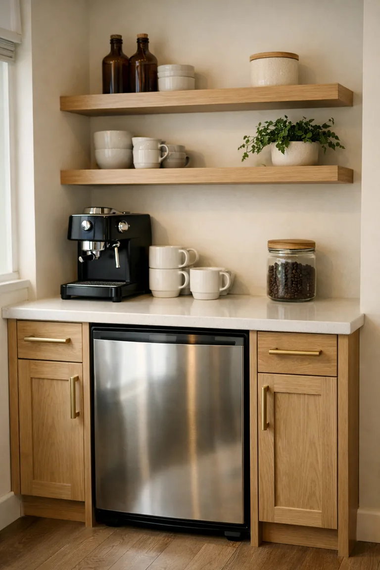 A home coffee bar with a mini fridge under a quartz countertop, an espresso machine, mugs, and wood shelves with simple decor.