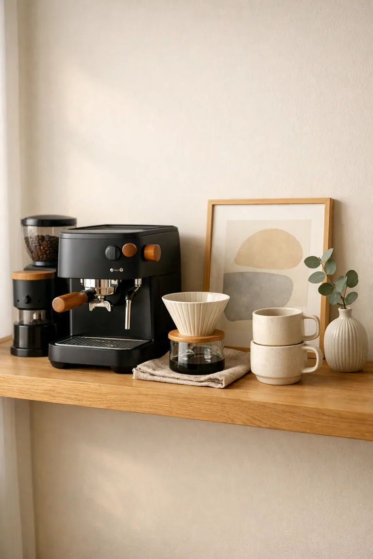 A light oak floating shelf coffee bar with a matte black espresso machine, grinder, cream ceramic pour-over, two neutral mugs, a small vase with eucalyptus, and a simple framed artwork on an off-white wall.