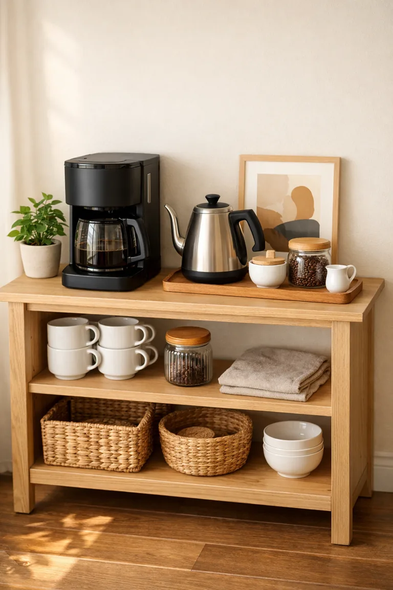 Light oak coffee bar table with open shelves holding mugs, jars, baskets, and a black coffee maker and kettle on top, set against a warm white wall with a small plant and framed art above.