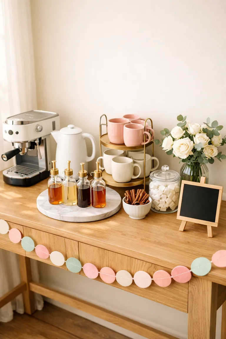 A light oak console table coffee bar with an espresso machine, white kettle, syrup bottles on a marble tray, stacked blush and ivory mugs, sugar jar, cinnamon bowl, white flowers, a pastel garland, and a blank black chalkboard on an easel.