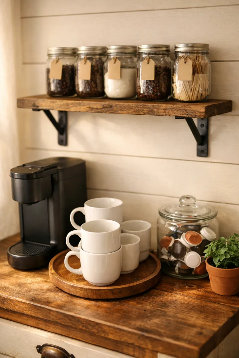 Rustic coffee bar with a reclaimed wood shelf, clear mason jars, a matte black coffee maker, white mugs on a wooden tray, and a small plant against a cream shiplap wall.