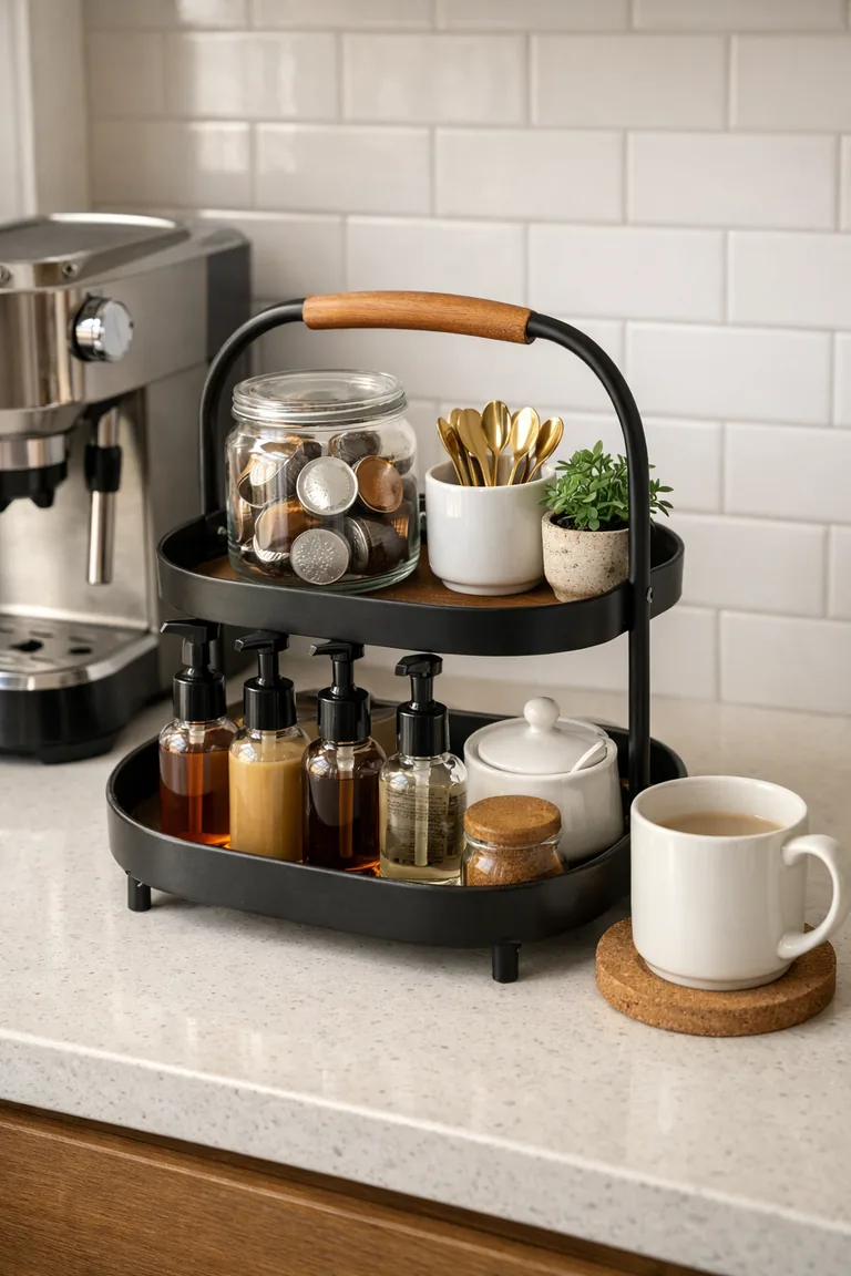 A two-tier black tray on a coffee counter holds syrup bottles, a sugar bowl, a jar of coffee pods, gold teaspoons in a cup, and a small potted plant, with an espresso machine and a mug nearby.