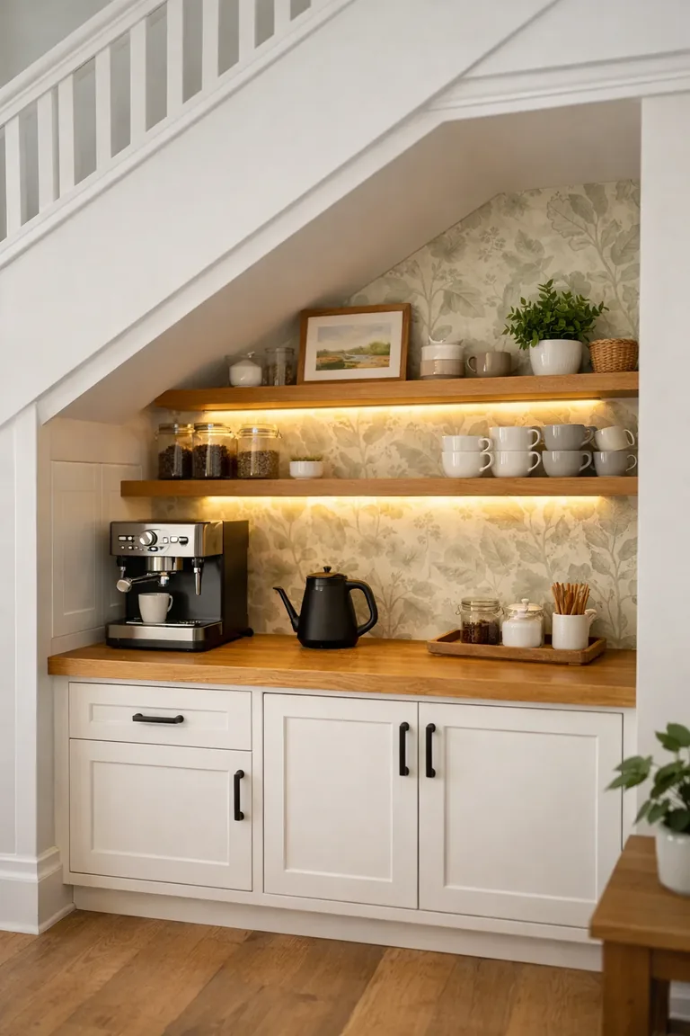 Built-in coffee bar under a staircase with white cabinets, oak countertop, open shelves, warm under-shelf lighting, and sage botanical wallpaper behind a small espresso setup.