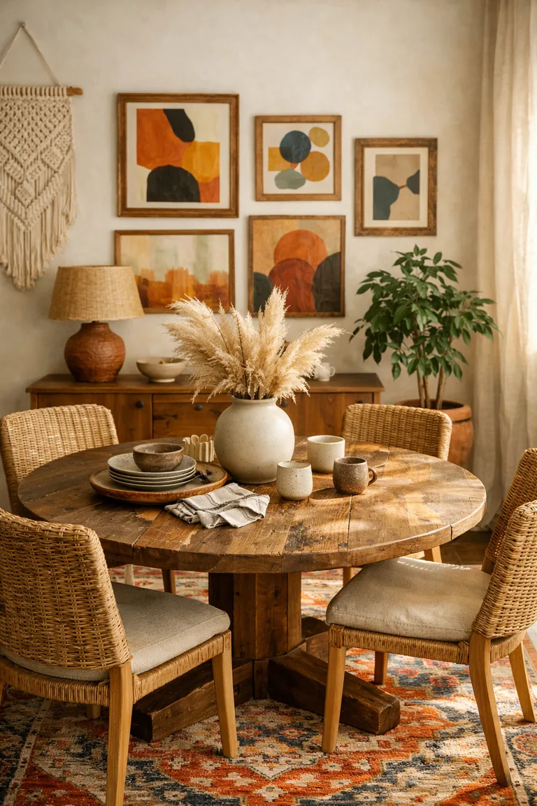 A boho-chic dining room with a round reclaimed-wood table on a colorful patterned rug, four woven rattan chairs, bold framed wall art, a wood sideboard with a lamp, and a potted plant in warm natural light.
