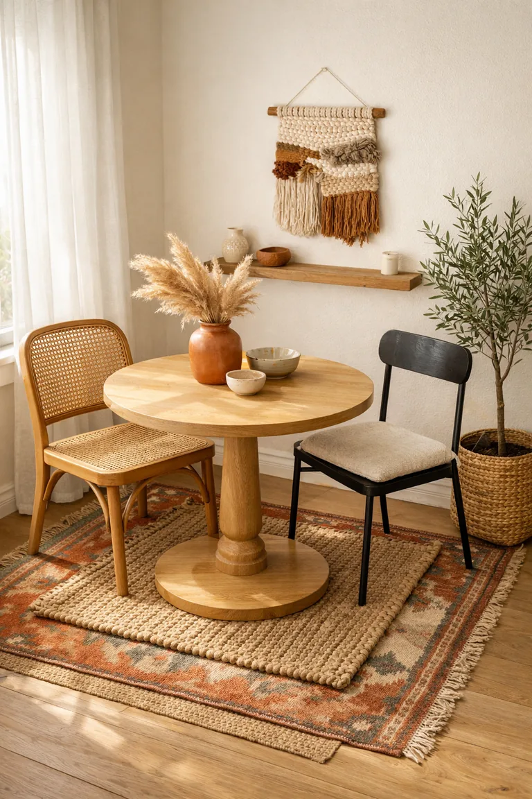 Small boho apartment dining nook with a round light-wood table, two mixed chairs, layered kilim and jute rugs, terracotta vase with dried pampas grass, and soft sunlight through sheer curtains.