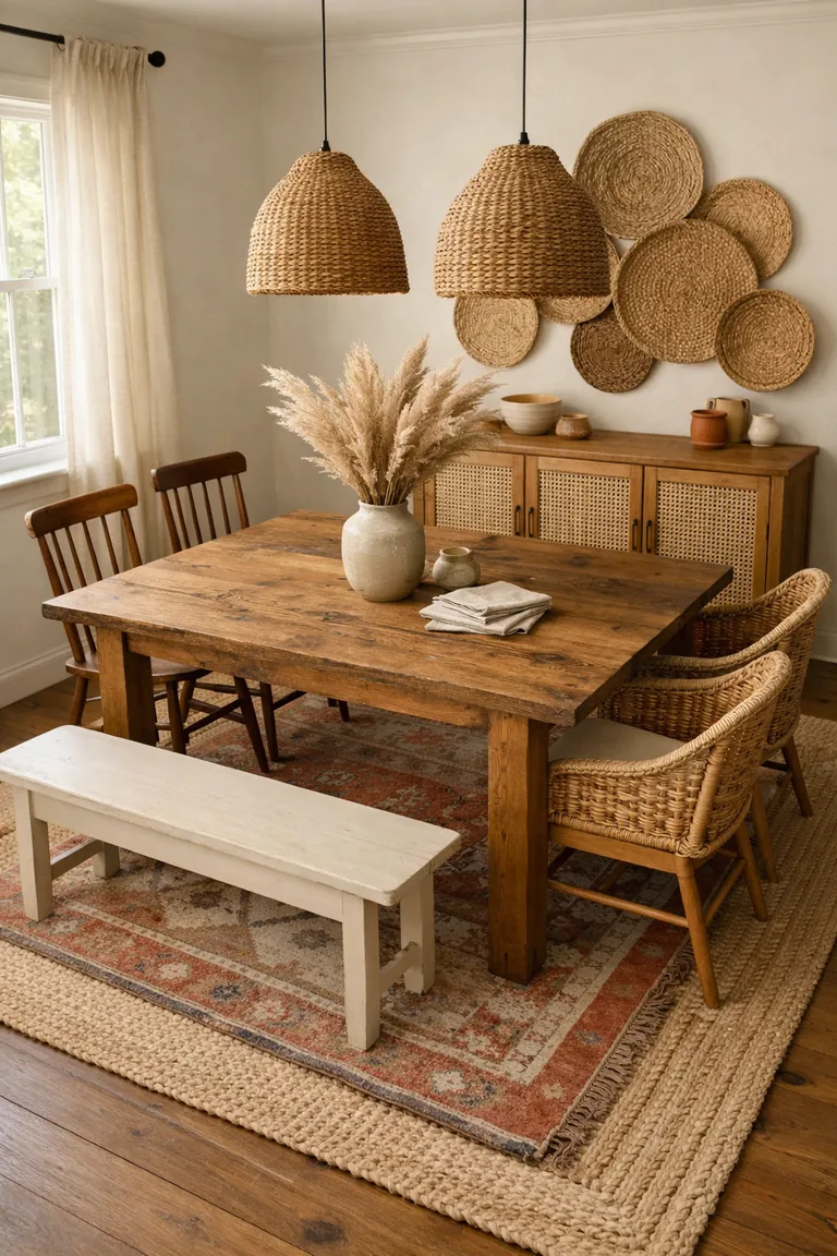 A reclaimed wood dining table with mismatched chairs sits on layered kilim and jute rugs under two seagrass pendant lights, with a cane-front sideboard and woven wall decor in a bright room.