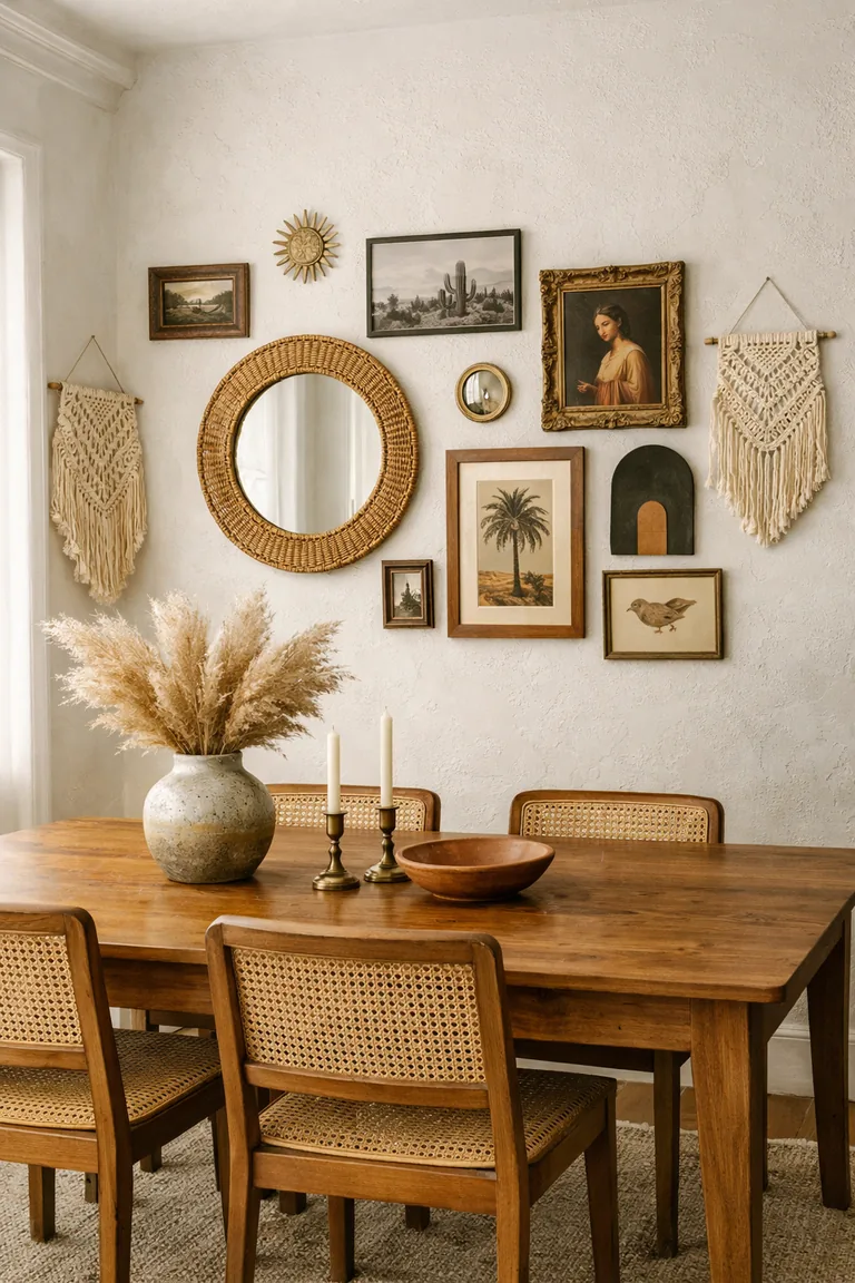 Boho dining area with a wood table and cane chairs beneath a gallery wall of mixed frames, macramé hangings, and a rattan-framed round mirror, lit by soft daylight.