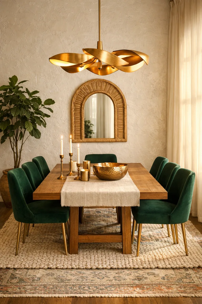 A boho luxe dining room with a wood table on layered rugs, emerald velvet chairs, and a brass statement chandelier, with sheer curtains and a rattan mirror on a plaster wall.