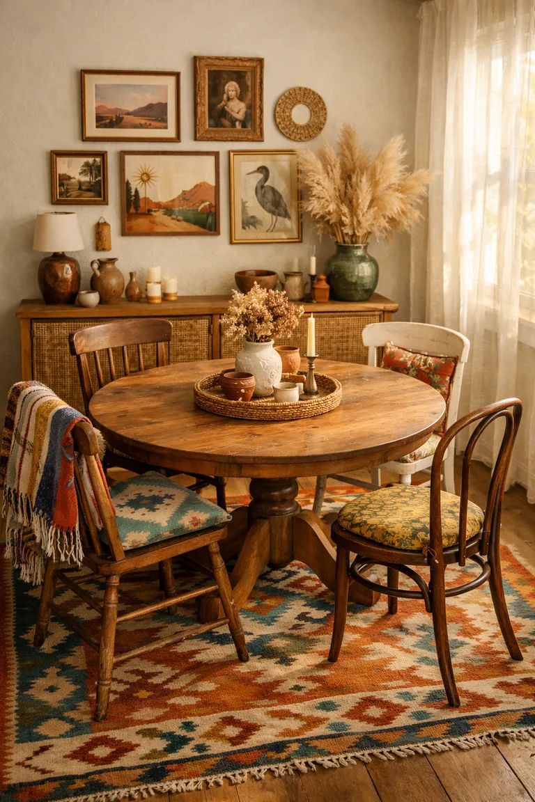 A boho dining room with a round wood table, mismatched chairs with patterned cushions, a colorful kilim rug, framed art above a rattan sideboard, and warm sunlight through sheer curtains.