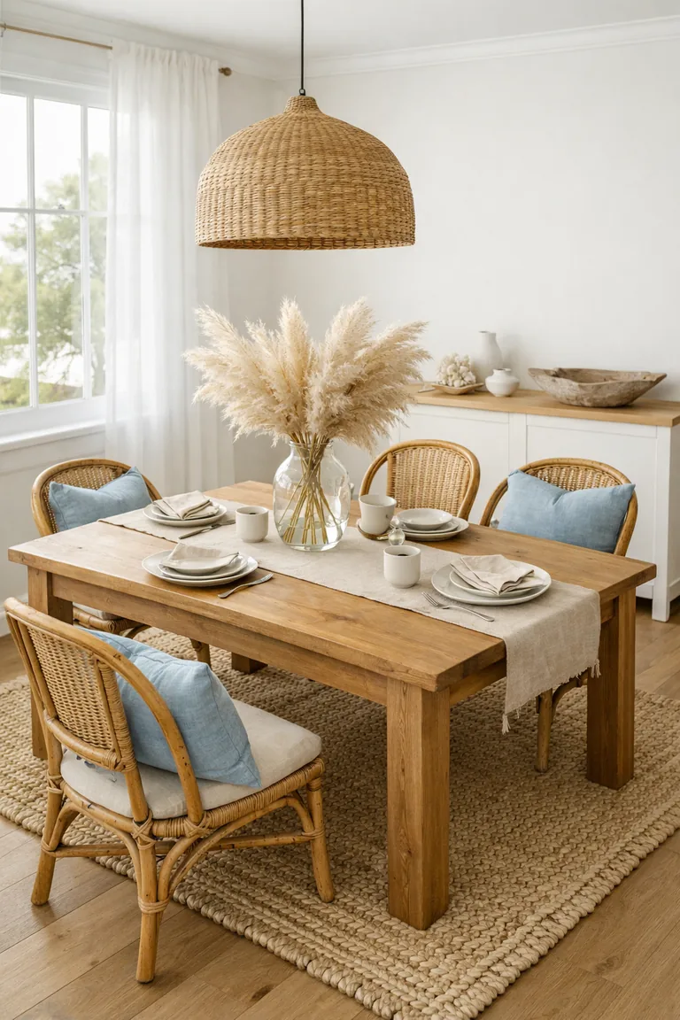 A bright coastal boho dining room with a wooden table on a jute rug, rattan chairs, a woven pendant light, linen runner, and sunlight through sheer curtains.