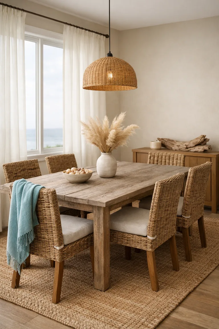Driftwood-style dining table with woven rattan chairs on a jute rug, linen curtains by a bright window, and simple coastal decor in sandy neutrals.