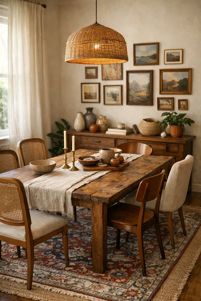 Eclectic boho dining room with a reclaimed wood table, mismatched chairs, layered jute and patterned rugs, a wood sideboard with pottery, a gallery wall, and a rattan pendant light by a window with sheer curtains.