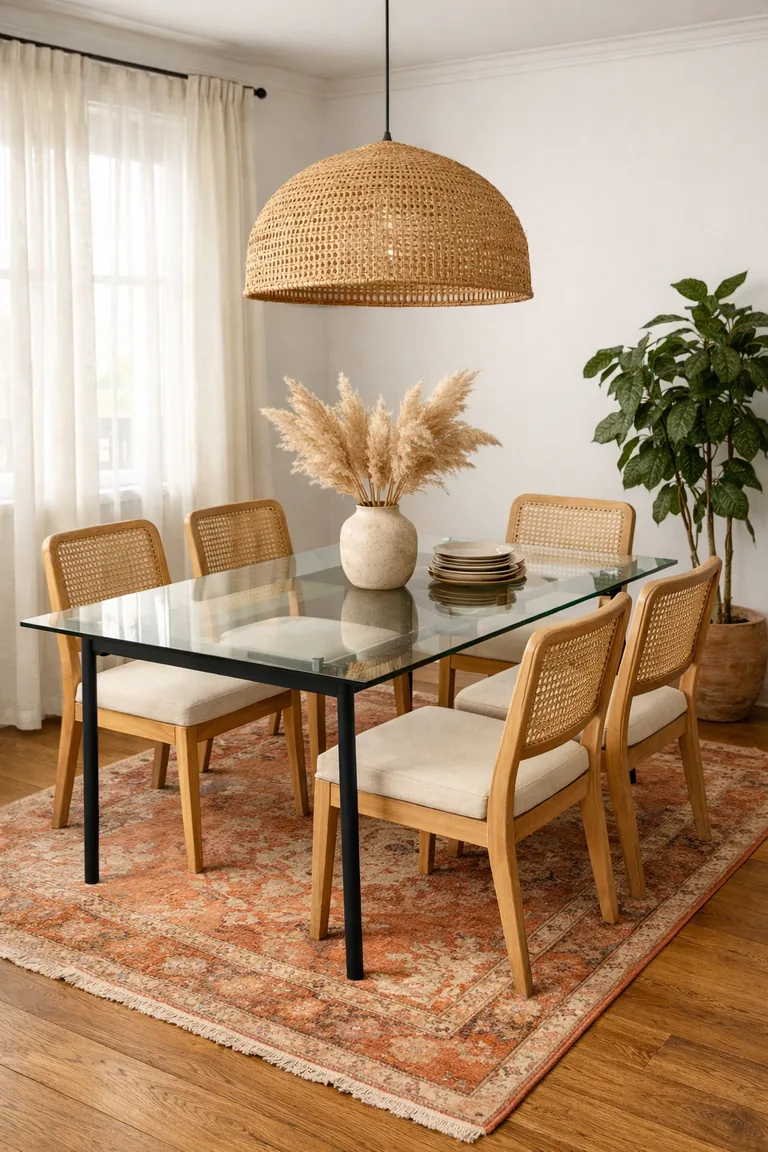 Boho dining room with a rectangular glass-top table, rattan chairs, a woven pendant light, a warm-toned layered rug, and soft daylight from a window with sheer curtains.