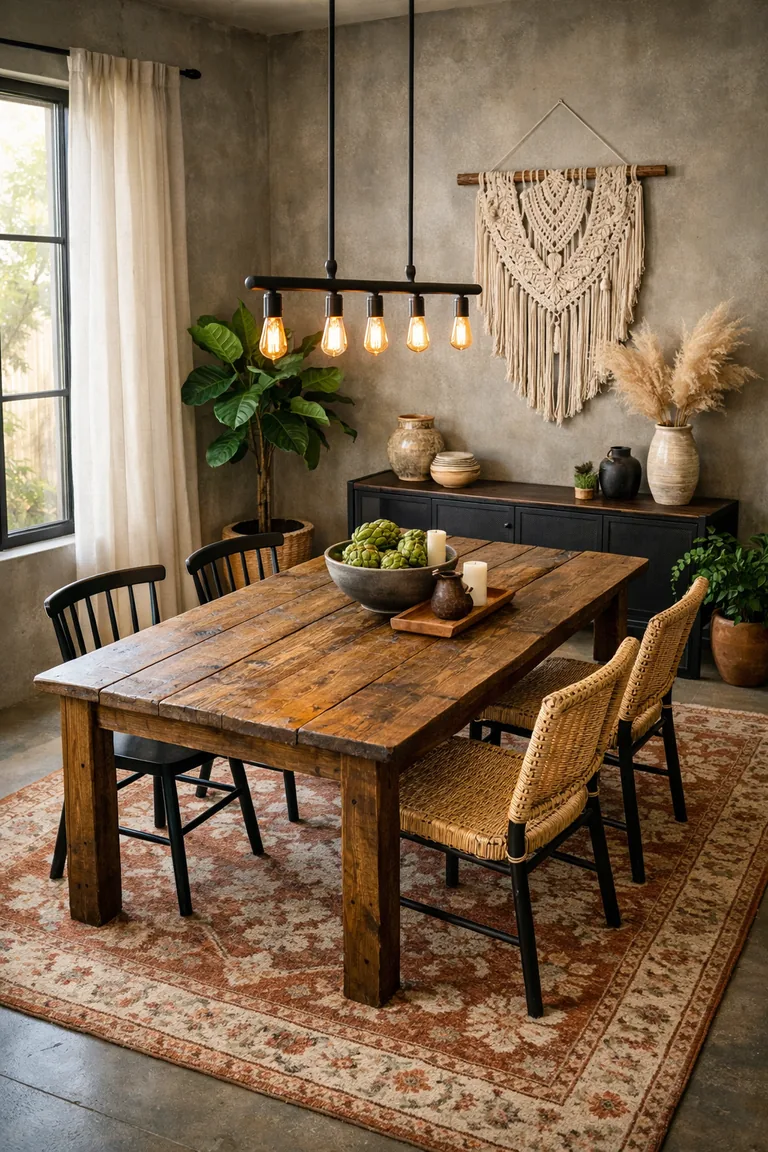 Industrial-boho dining room with a reclaimed wood table, black metal and rattan chairs, a black iron pendant light, warm gray walls, a terracotta-and-cream rug, and a black metal sideboard styled with ceramics, pampas grass, and plants.