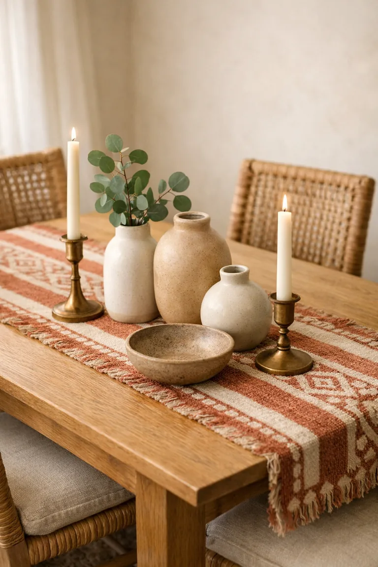 A natural oak dining table with a patterned woven runner, taper candles in brass holders, matte ceramic vases, eucalyptus greenery, and rattan chairs in warm daylight.