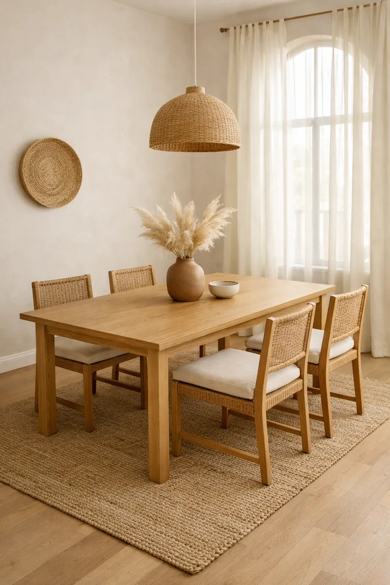 A minimalist boho dining room with a light oak table on a jute rug, four rattan chairs, a clay vase with dried pampas on the table, sheer curtains by an arched window, and a woven pendant light.