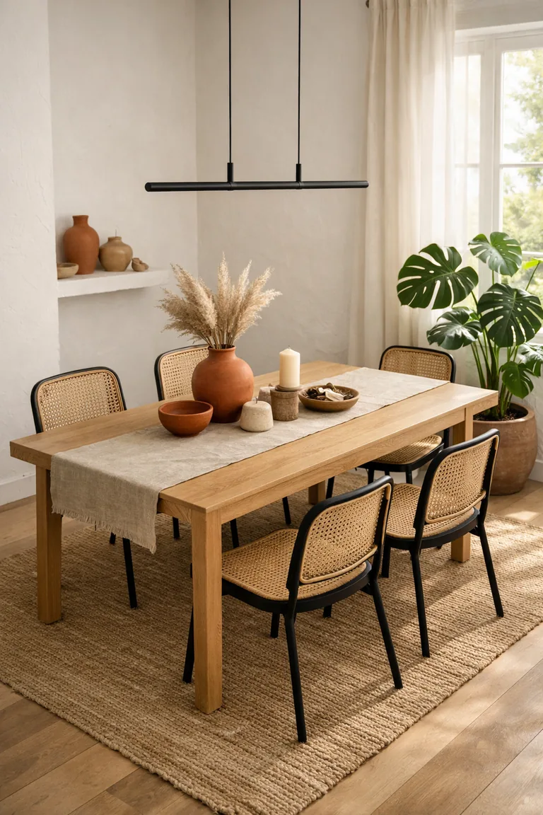 A light oak dining table on a jute rug with rattan chairs, a black pendant light, sheer curtains, and a large potted monstera in a bright white dining room.