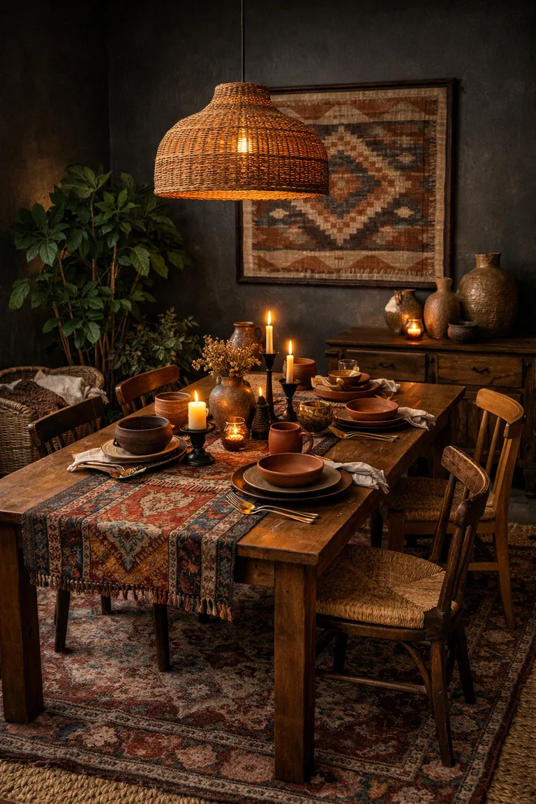 Moody boho dining room with charcoal walls, a natural wood table, woven-seat chairs, layered rugs, a colorful runner, warm pendant lighting, candles, plants, and a wood sideboard.